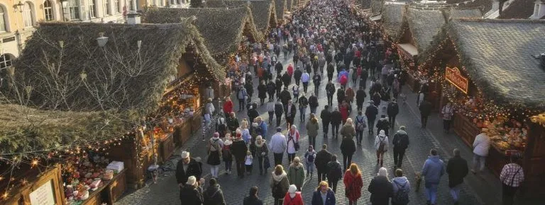 Weihnachtsmarkt mit dichtem Besucherstrom von oben